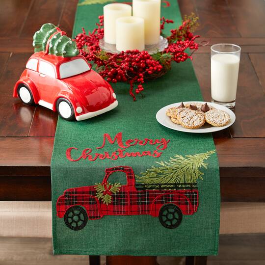 DII® 70" Green Merry Christmas Truck Embroidered Table Runner
